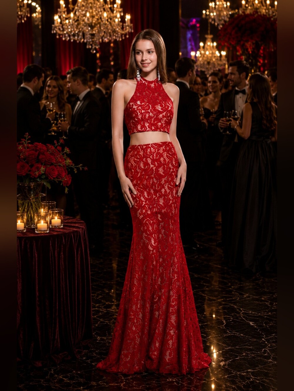 Red Two Piece High Neck Lace Evening Gown
